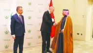 President of the Republic of Turkey, Recep Tayyip Erdogan, receiving H E Ali bin Ahmed Al Kuwari, Minister of Commerce and Industry, during a COMCEC meeting in Istanbul yesterday.