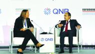 Joseph Abraham (right), Group CEO, Commercial Bank; and Victoria Behn, Director, Middle East and Africa, Euromoney Conferences, during the keynote interview held on the opening day of Euromoney Qatar Conference at St Regis Hotel in Doha, yesterday. Pic: S