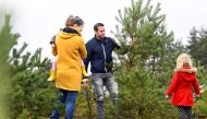 People with their chosen Christmas tree to take home for free at The Dutch Hoge Veluwe National Park in Otterlo, Netherlands December 7, 2019. REUTERS/Piroschka van de Wouw
