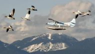 Snow geese and a float plane pass Cypress Mountain prior to the Vancouver 2010 Winter Olympic Games February 9, 2010. Reuters/Chris Helgren
