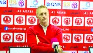 Al Arabi coach Heimir Hallgrimsson speaking at a press conference on the eve of the QNB Stars League match against Umm Salal in Doha yesterday.