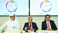 Joseph Abraham (centre), Group CEO of Commercial Bank, with Hussein M Ali Al Abdulla (left), EGM and Chief Marketing Officer; and Rehan Ahmed Khan, EGM, Chief Financial Officer; at the media round table held at the Commercial Bank Plaza in the West Bay, D