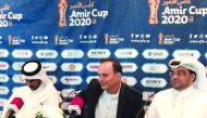 Mesaimeer coach Raad Abullatif (centre) during a press conference. Pictures: Armstrong Vas 