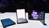 Samsung Galaxy Z Flip phones are seen on display during the Samsung Galaxy Unpacked 2020 event in San Francisco, California on February 11, 2020. Samsung unveiled its second folding smartphone, a 