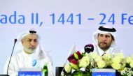 QIB Chairman Sheikh Jassim bin Hamad bin Jassim bin Jaber Al Thani (right) and QIB Vice-Chairman Abdullatif bin Abdulla Al Mahmoud attending the bank’s General Assembly Meeting, yesterday. Pic: Abdul Basit / The Peninsula