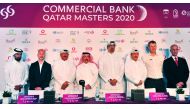 Hassan Nasser Al Naimi (fourth left),  Qatar Golf Association President, and Hussein Ali Al Abdulla (fourth right), Chief Marketing Officer at Commercial Bank posing for a photograph with other top officials during a press conference held at the Education