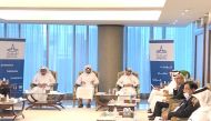Sheikh Mohammed bin Faisal Al Thani speaking during Aamal’s Annual Ordinary General Assembly, yesterday.