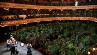 The Uceli Quartet perform for an audience made of plants during a concert created by Spanish artist Eugenio Ampudia and that will be later streamed to mark the reopening of the Liceu Grand Theatre in Barcelona on June 22, 2020 following a national lockdow