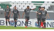 Al Sadd players celebrate after winning the QNB stars League Round 2 match by a 5-1 margin against Al Sailiya, yesterday. 