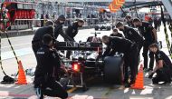 Mercedes' Finnish driver Valtteri Bottas stops in the pits as he competes during the qualifying session at the Nuerburgring circuit in Nuerburg, western Germany, on October 10, 2020, ahead of the German Formula One Eifel Grand Prix. / AFP / WOLFGANG RATTA