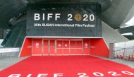 Signs of the Busan International Film Festival are seen at an entrance of the Busan Cinema Center in Busan on October 21, 2020. Asia's biggest annual film festival started in South Korea October 21 at a fraction of its usual scale, but some movie fans wil