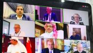Qatar Chamber Chairman Sheikh Khalifa bin Jassim Al Thani (centre) and other participants during a meeting of Arab-German Chamber of Commerce and Industry, which was held recently via video conference.
