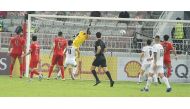 Al Sadd's Baghdad Bounedjah (fourth left) scoring their third goal against Al Duhail in yesterday's 
Amir Cup semi-final played at the Abdullah bin Khalifa Stadium yesterday. Pictures: Anvar Sadath