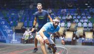 Egypt's Mohamed ElShorbagy in action against Englishman George Parker during the second round of the Qatar Classic Squash Championship at Khalifa International Tennis and Squash Complex, yesterday. 