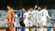 Soccer Football - Champions League - Group B - Real Madrid v Inter Milan - Estadio Alfredo Di Stefano, Madrid, Spain - November 3, 2020 Real Madrid's Sergio Ramos celebrates with teammates at the end of the match REUTERS/Juan Medina
