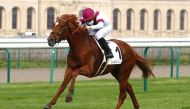 Grégory Benoist guiding Hayzum to Grand Prix du Nord win at Chantilly, yesterday.  