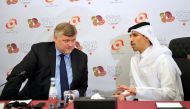 Chairman of the Olympic Council of Asia Evaluation Committee, Andrey Kryukov (left) and CEO of Doha 2030 Bidding Committee, during a press conference held in Doha, yesterday. Pic: Salim Matramkot/The Peninsula