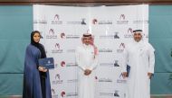 Qatar Chamber Chairman Sheikh Khalifa bin Jassim bin Mohammed Al Thani (centre); Mubarak bin Abdullah Al Sulaiti (right), Chairman of Al Sulaiti Law Firm;, and Sheikha Mayes bint Hamad bin Mohammad bin Jabr Al Thani, Managing Director of USQBC, after the 