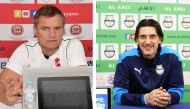 Al Rayyan coach Diego Aguirre (left) and Al Ahli coach Nebojsa Jovovic react during press conferences. 