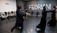 Spanish flamenco dancer Joaquin Cortes (L) performs during the rehearsal of his show 