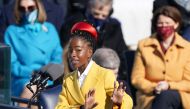 Amanda Gorman recites a poem during the inauguration of Joe Biden as the 46th President of the United States on the West Front of the U.S. Capitol in Washington, U.S., January 20, 2021. REUTERS/Kevin Lamarque
