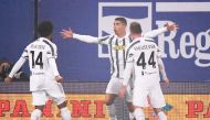 Juventus' Cristiano Ronaldo celebrates scoring their first goal with Weston McKennie and Dejan Kulusevski REUTERS/Alberto Lingria
