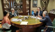 Mexican President Andres Manuel Lopez Obrador (2nd L) holds a call with U.S. President Joe Biden, accompanied by Mexico's Foreign Minister Marcelo Ebrard, businessman Alfonso Romo and Mexico's Security Minister Rosa Icela Rodriguez, in San Pedro Garza, in