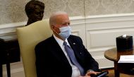 US President Joe Biden meets with Democratic senators to discuss efforts to pass coronavirus disease relief legislation in the Oval Office at the White House in Washington, US, February 3, 2021. Reuters/Tom Brenner