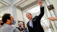 Michael van der Veen, lawyer for former U.S. President Donald Trump, gestures as he talks to a reporter about his participation in a Black Lives Matter protest, after the Senate voted to acquit former President Trump during his impeachment trial in Washin