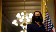 FILE PHOTO: U.S. Vice President Kamala Harris arrives to hold a ceremonial swearing-in for Veterans Affairs (VA) Secretary Denis McDonough (not pictured) at the White House in Washington, U.S., February 9, 2021. REUTERS/Carlos Barria/File Photo
