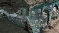 An ancient-Roman ceremonial carriage is discovered in a dig near the ancient Roman city of Pompeii, destroyed in 79 AD in volcanic eruption, Italy, February, 2021. Pompeii Archeological Park/Ministry of Cultural Heritage and Activities and Tourism/Luigi S