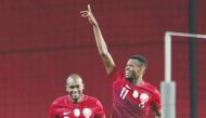 Qatar’s Mohammed Muntari celebrates with team-mate Abdelkarim Hassan after scoring their first goal against Ireland at Nagyerdei Stadion in Debrecen, Hungary, yesterday.