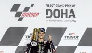 French rider Fabio Quartararo of Monster Energy Yamaha MotoGP celebrates on the podium after winning the Tissot Grand Prix of Doha, yesterday.