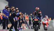 Monster Energy Yamaha MotoGP's French rider Fabio Quartararo celebrates after winning the Tissot MotoGP Grand Prix of Doha at the Losail International Circuit, on Sunday. PIC: MOTOGP