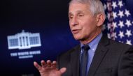 Dr. Anthony Fauci, Director at the National Institute of Allergy and Infectious Diseases, delivers remarks during a press briefing with Press Secretary Jen Psaki at the White House in Washington, U.S., April 13, 2021. REUTERS/Tom Brenner