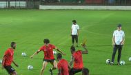 Al Rayyan players take part in a practice session in Goa yesterday.