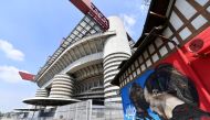 A mural of Inter Milan's Romelu Lukaku and AC Milan's Zlatan Ibrahimovic is seen at the San Siro as twelve of Europe's top football clubs launch a breakaway Super League - Milan, Italy - April 19, 2021 REUTERS/Daniele Mascolo