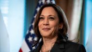 U.S. Vice President Kamala Harris looks on during a ceremonial swearing in for Dr. Eric Lander, Director of the Office of Science and Technology Policy (OSTP), at the Eisenhower Executive Office Building near the White House in Washington, U.S., June 2, 2
