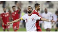 Qatar captain Hasan Al Haydos celebrates after scoring a goal against Oman at the Jassim Bin Hamad Stadium yesterday. Pic: Hussain Sayed