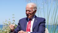 U.S. President Joe Biden reacts during a bilateral meeting with France's President Emmanuel Macron during the G7 summit in Carbis Bay, Cornwall, Britain, June 12, 2021. REUTERS/Kevin Lamarque