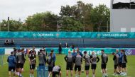 General view of Denmark players and coaches during training REUTERS/Hannah Mckay
