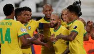 Soccer Football - Copa America 2021 - Group B - Brazil v Peru - Estadio Nilton Santos, Rio de Janeiro, Brazil - June 17, 2021 Brazil's Neymar celebrates scoring their second goal with teammates REUTERS/Ricardo Moraes
