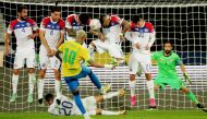 Brazil's Neymar takes a free-kick REUTERS/Sergio Moraes 