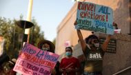 Protesters surround the LA Superior Court to prevent an upcoming wave of evictions and call on Governor Gavin Newsom to pass an eviction moratorium, amid the global outbreak of coronavirus disease (COVID-19), in Los Angeles, California, U.S., August 21, 2