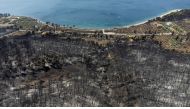 A charred forest area is seen next to the beach of the village of Rovies following a wildfire on the island of Evia, Greece, August 12, 2021. Picture taken with a drone. REUTERS/Alkis Konstantinidis
