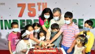 Ambassador H E Dr. Deepak Mittal during a cake cutting ceremony at the Indian Embassy. Pics: Abdul Basit/The Peninsula