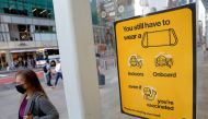 A poster alerting for the wearing of masks is seen on a 42nd Street subway entrance as cases of the infectious coronavirus Delta variant continue to rise in New York City, New York, U.S., August 2, 2021. REUTERS/Andrew Kelly


