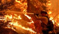 A firefighter battles flames to protect structures from Caldor Fire, in Strawberry, California, U.S., August 28, 2021. REUTERS/Fred Greaves
