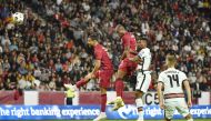 Abdelkarim Hassan scores Qatar's goal against Portugal, yesterday.