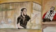 An artist's sketch shows Salah Abdeslam on the first day of trial at the Paris courthouse on the Ile de la Cite in Paris, France, September 8, 2021. Sketch released September 8, 2021. Elisabeth de Pourquery/France Televisions via Reuters.